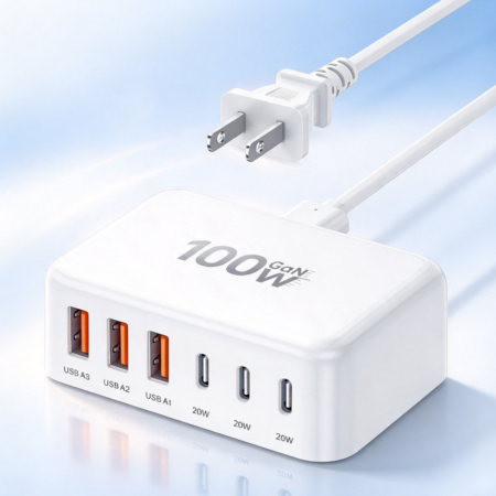 6-Port 50W Black Vertical USB Charging Tower