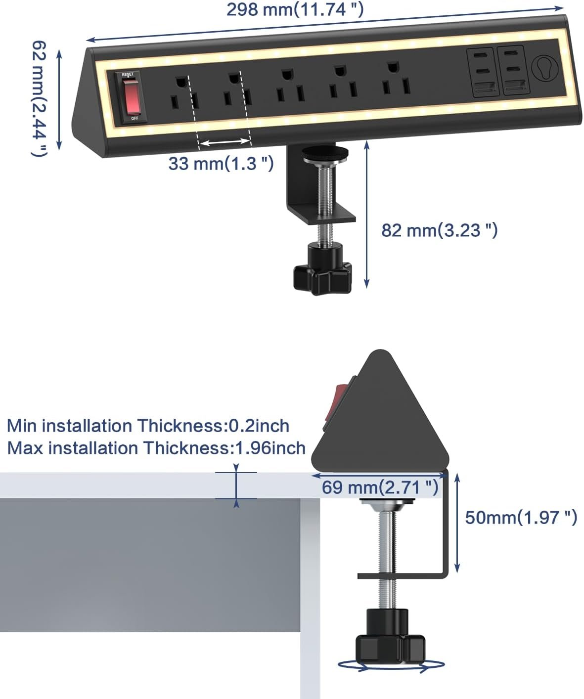 Clamp-Mount Desktop Power Strip with Night Light - Image 2